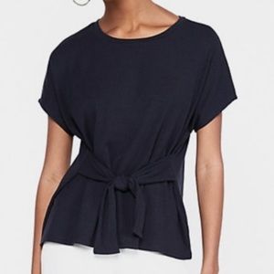 express navy blue ribbed tie front blouse small